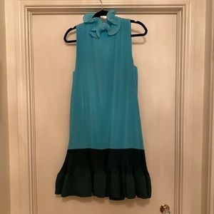 Tibi Turquoise and Dark Green Ruffled Neck Mini Dress